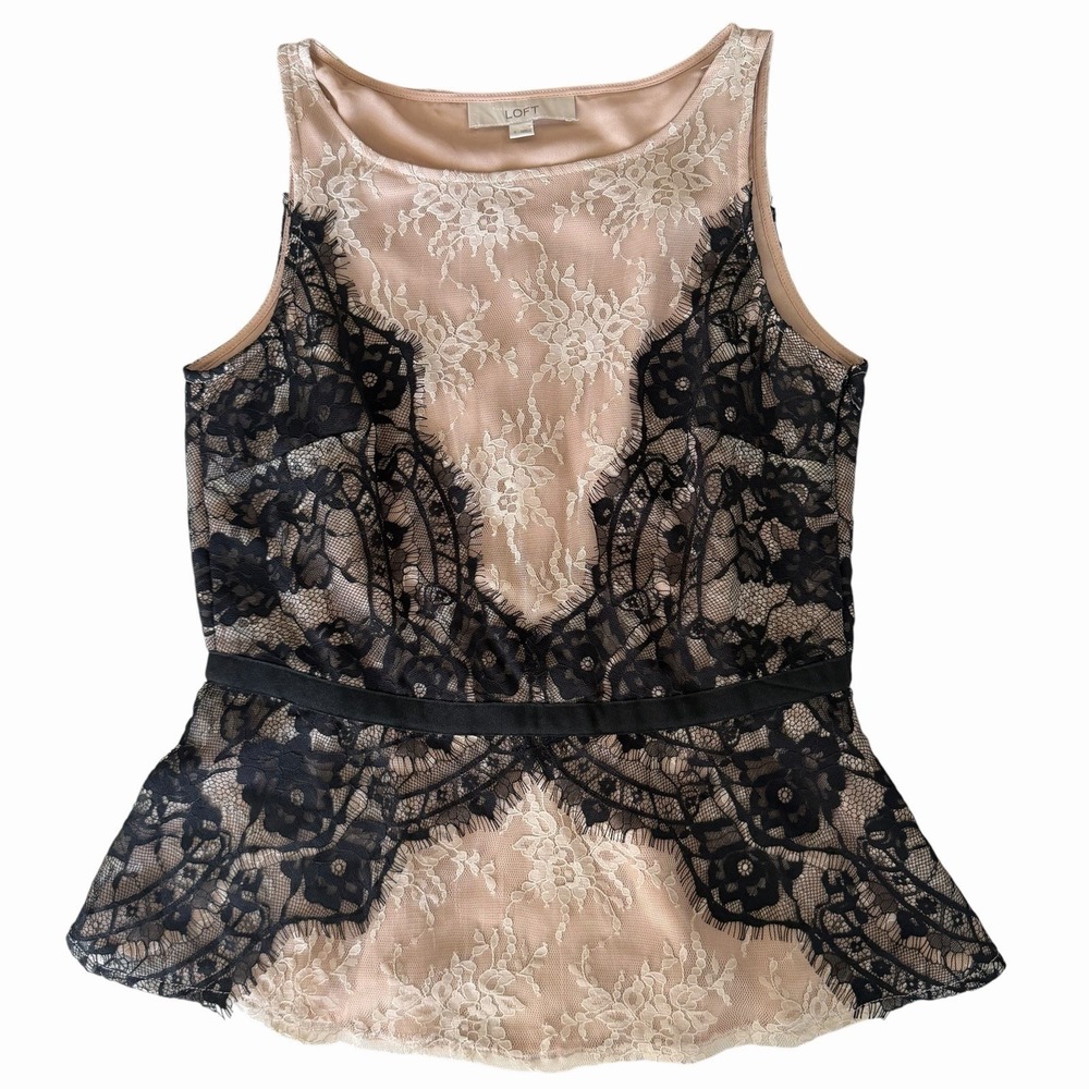 Ann Taylor LOFT Lace Peplum Top Sz 2 Coquette Romantic Goth Femme Nude Black EUC